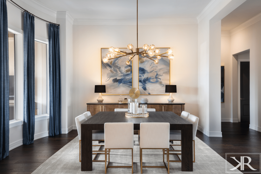 modern-dining-room-brass-crystal-chandelier-framed-art