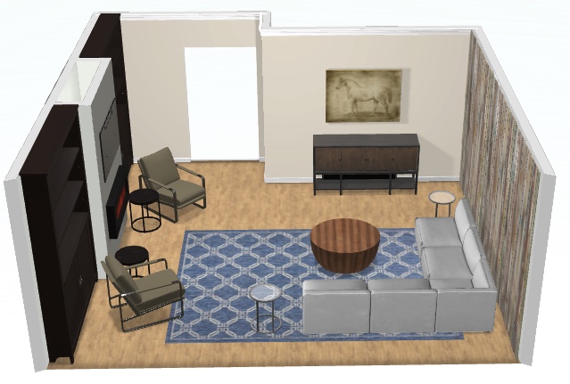 3D E-design living room gray sectional blue rug