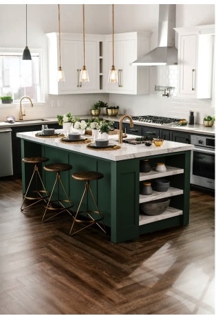 green island white kitchen backsplash 