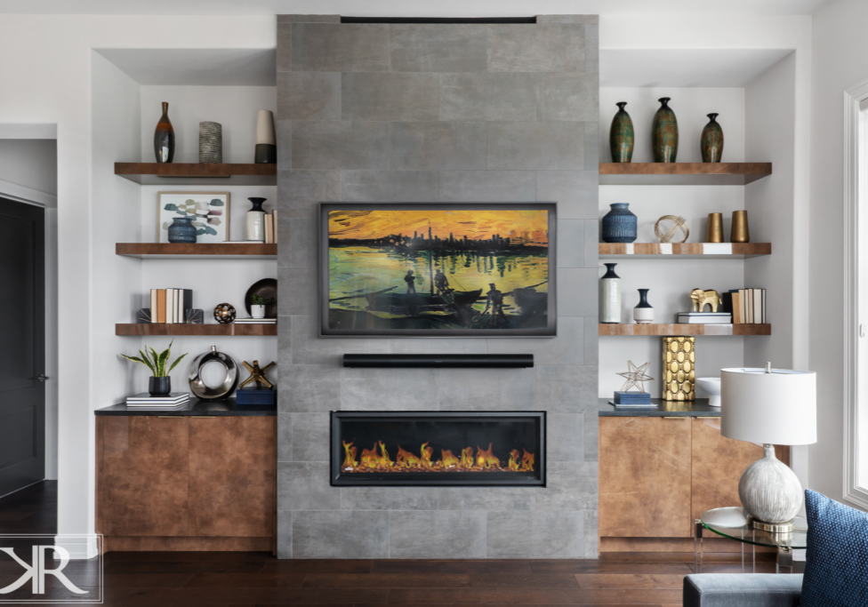 grey tile fireplace bookshelves